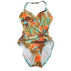 Beach Bay Womens Sz 8 One Piece Swimsuit Halter Brown Blue Palm Print
